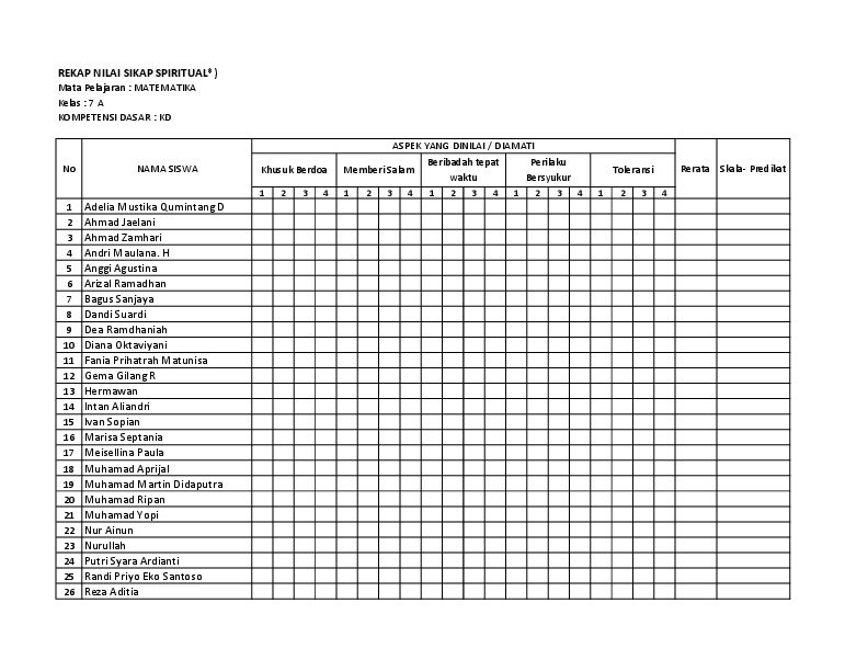 format rekap nilai kelas 6 terbaru