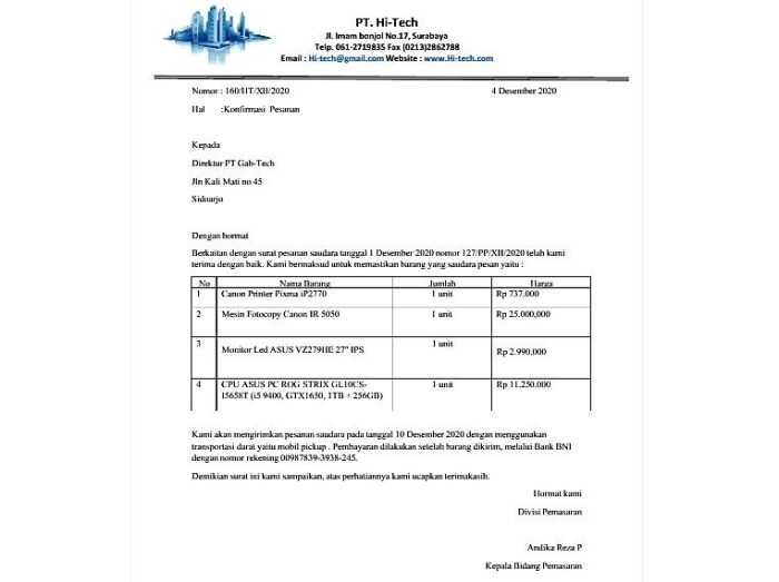 surat konfirmasi pengiriman barang