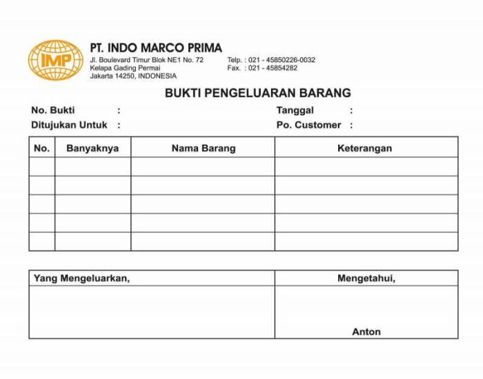 contoh surat pengiriman barang